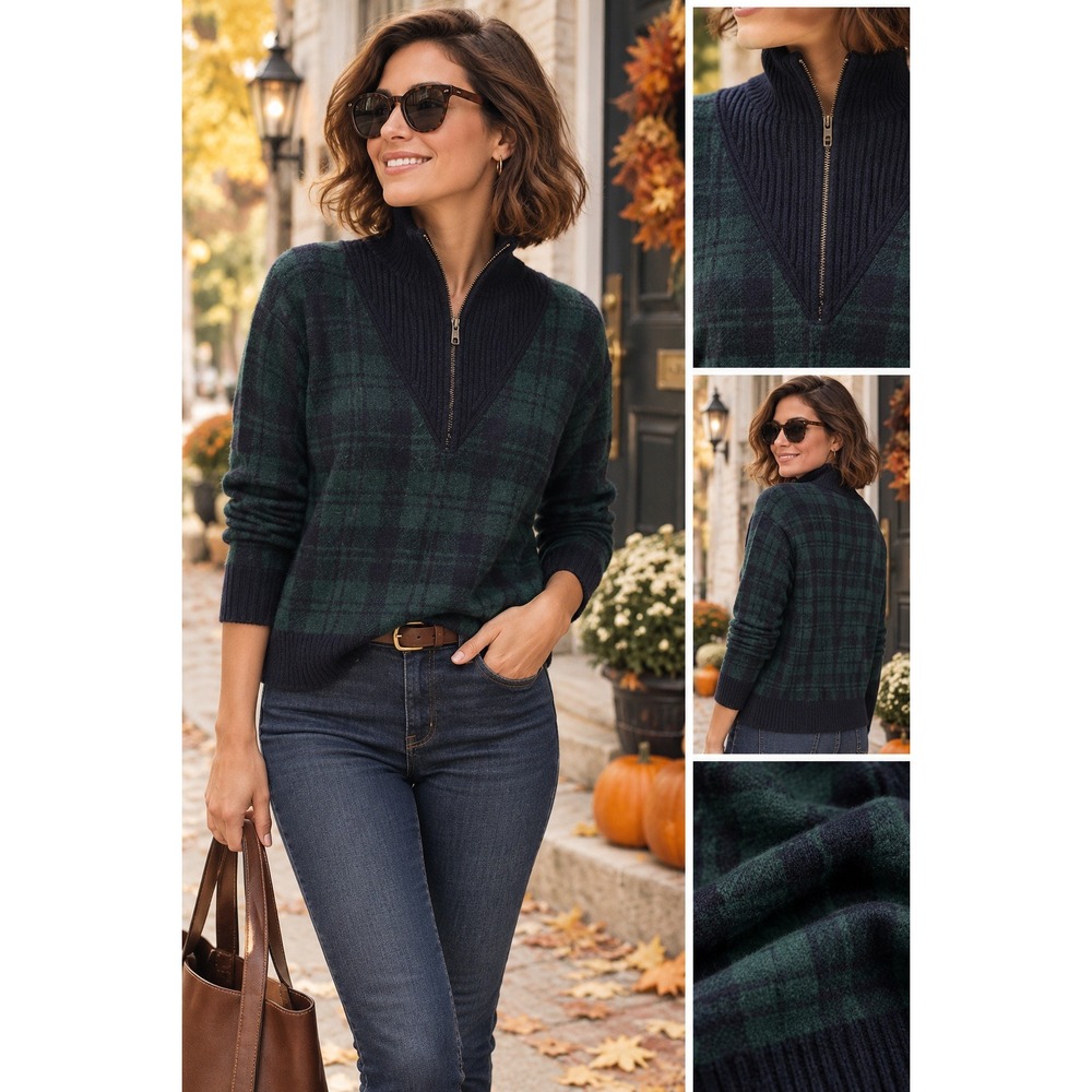 Talbots Womens Large Black Watch Plaid Quarter Zip Mock Neck Sweater Green Navy